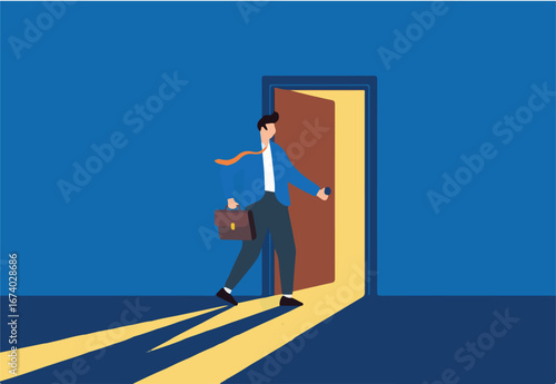 Flat illustration businessman open door to see bright light symbolizing new opportunity