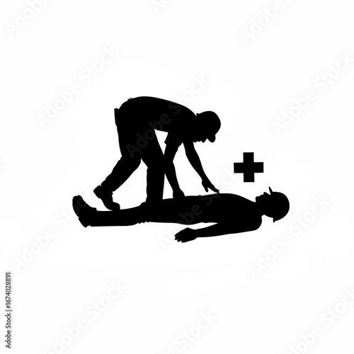 Silhouette of worker giving first aid to injured teammate isolated on white background