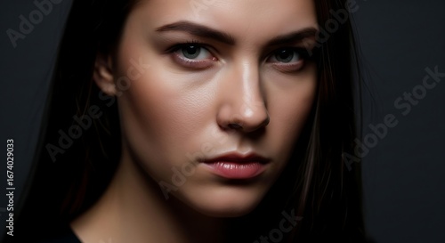Wallpaper Mural Close-up portrait of a young woman with long dark hair and an intense gaze against a dark background, showcasing her striking features. Torontodigital.ca