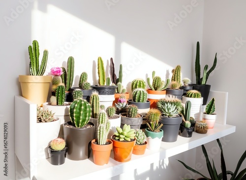 an image of a shelf with many potted plants on it, there is a shelf with many different types of cactuses on it