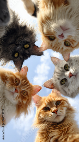 Curious cats gather around outdoor setting animal photography playful environment low angle view feline curiosity and bonding