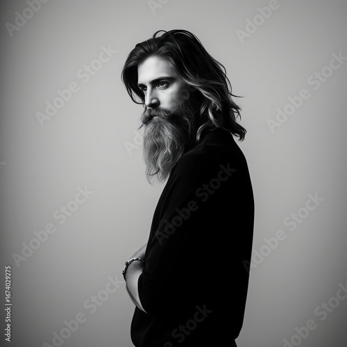 an image of a man with long hair and a beard, there is a man with long hair and a beard standing
