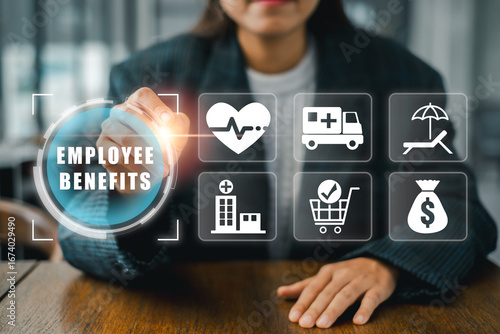 Visual representation of employee benefits including health, vacation, and financial perks, highlighting modern workplace advantages.