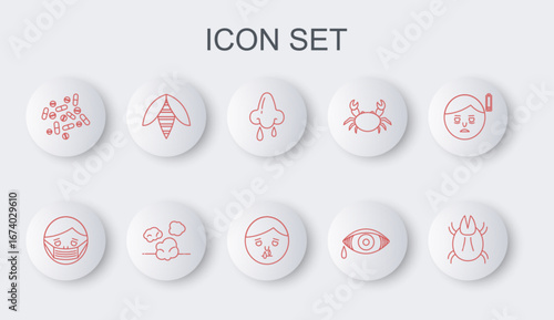 Set line Parasite mite, Face in protective mask, Runny nose, Reddish eye allergic conjunctivitis, Medicine pill or tablet, Bee, Dust and icon. Vector