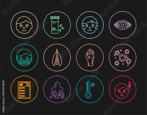 Set line High human body temperature, Bacteria, Man with excessive sweating, Kidney beans, Face protective mask, Inflammation on face, Hand psoriasis or eczema and Medicine bottle pills icon. Vector