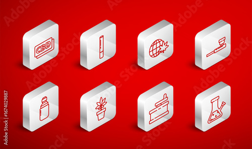 Set line Glass bong for smoking cannabis, Marijuana joint, Legalize marijuana globe, Smoking pipe, Manual grinder, Cannabis molecule, plant and olive oil icon. Vector