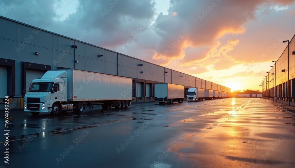 Obraz premium Logistics facility features multiple trucks parked at loading docks during vibrant sunset. Wet tarmac reflects colorful sky. Modern warehouse exterior under dramatic clouds. Shows efficient supply