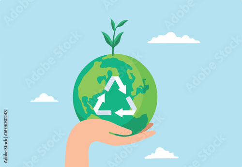 Flat illustration of hand hold green earth globe with recycle symbol sustainability renewable energy effort save world climate change global warming environmental safe