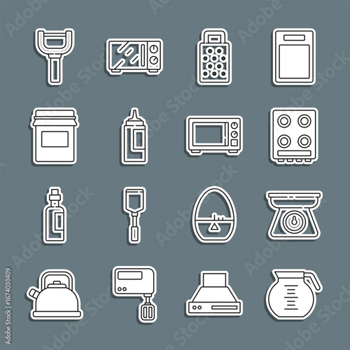 Set line Coffee pot, Scales, Gas stove, Grater, Sauce bottle, Jam jar, Peeler and Microwave oven icon. Vector
