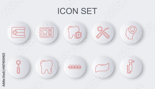 Set line Tooth drill, Dental inspection mirror, protection, Toothpaste, Dentures model, clinic location, and Teeth with braces icon. Vector
