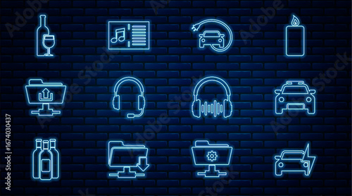 Set line Electric car, Police and flasher, Headphones with microphone, FTP folder upload, Wine bottle glass, sound waves and Music book note icon. Vector