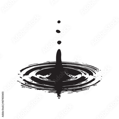 Abstract Black Ink Splash with Three Droplets on White Background