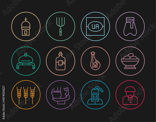 Set line Ukrainian cossack, Varenyky bowl, Flag of Ukraine, Bottle vodka, Bread and salt, Church tower, Bandura and Garden pitchfork icon. Vector