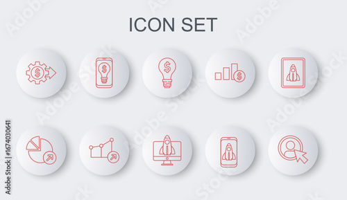 Set line Create account screen, Financial growth, Light bulb with dollar, Startup project concept, Gear, mobile, and icon. Vector