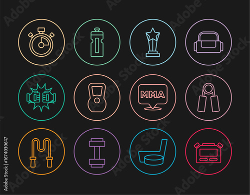 Set line Stopwatch, Sport expander, Award cup, Kettlebell, Punch in boxing gloves, Fight club MMA and Fitness shaker icon. Vector