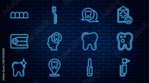 Set line Tooth drill, with caries, Human head tooth, Dentures model, and Toothbrush icon. Vector