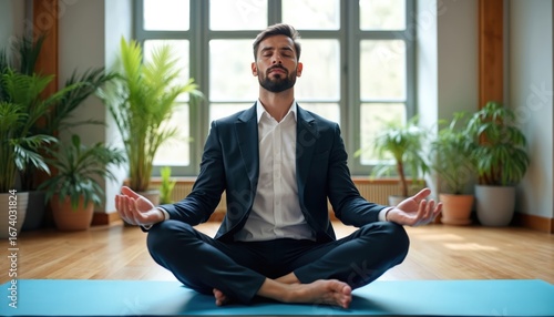 Man in dark suit meditates on blue yoga mat in office. Businessman practices mindfulness, breathing exercises for relaxation, concentration, mental clarity. Green plants surround, creating calm,