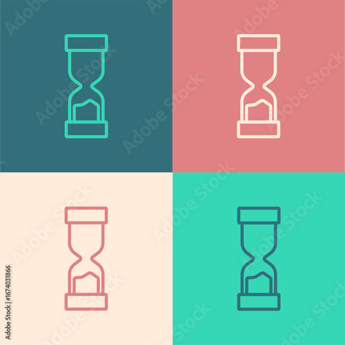 Pop art line Old hourglass with flowing sand icon isolated on color background. Sand clock sign. Business and time management concept. Vector