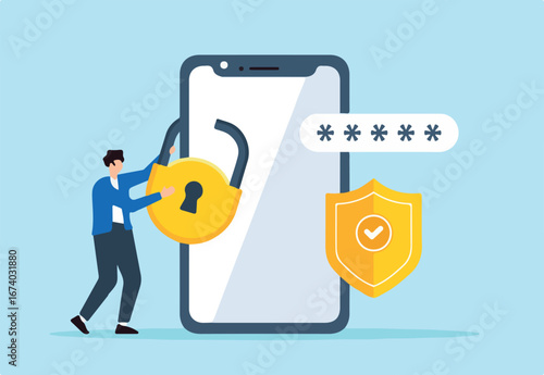 Flat illustration of man securing mobile devices protecting smartphones and preventing data breaches