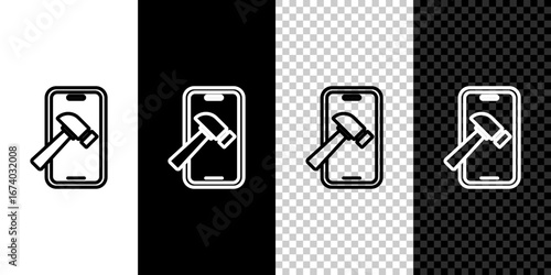 Set line Smartphone with broken screen icon isolated on black and white, transparent background. Shattered phone screen icon. Vector