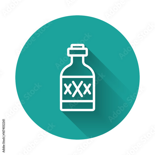 White line Tequila bottle icon isolated with long shadow background. Mexican alcohol drink. Green circle button. Vector