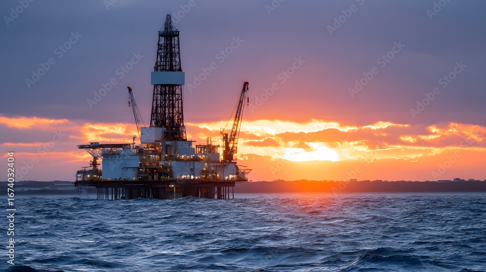 Fototapeta premium Offshore oil rig platform in the ocean at sunset with dramatic sky, symbolizing energy, petroleum industry and marine engineering