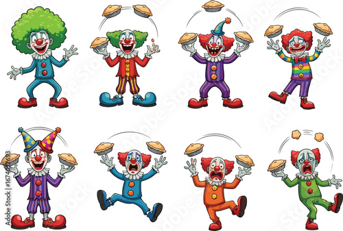 Cartoon clowns juggling pies with different hairstyles, colorful costumes, and varied facial expressions showing happiness, surprise, and fear on white background