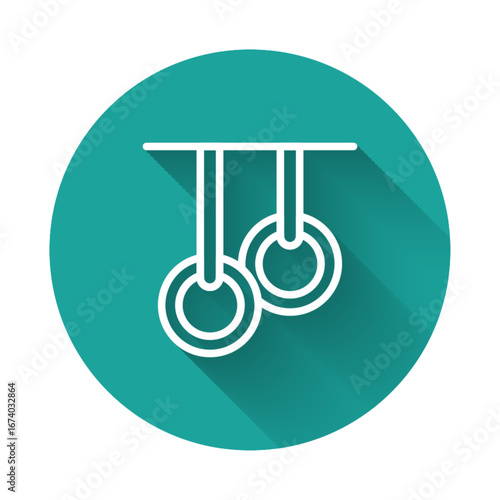 White line Gymnastic rings icon isolated with long shadow background. Playground equipment with hanging rope with rings. Green circle button. Vector