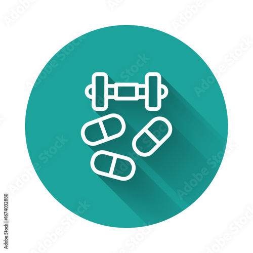 White line Sports doping, anabolic drugs with dumbbell icon isolated with long shadow background. Anabolic steroids tablet. Pills in jar. Green circle button. Vector