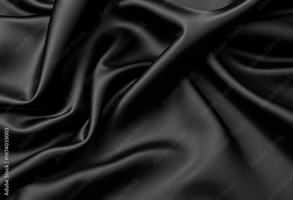 Obraz premium Deep black silk satin fabric, luxurious folds and sheen, dark background, photography background