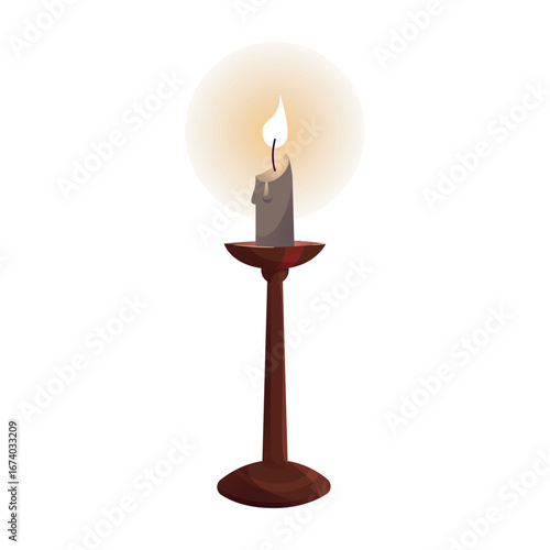 Decorative candle on a wooden pedestal stand, minimalistic cozy home decor element for hygge interior, holiday or spa design.