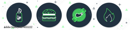 Set line Burger, Barbecue grill with steak, Ketchup bottle and Fire flame icon. Vector