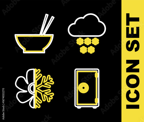 Set line Cloud with snow, Safe, Air conditioner and Bowl chopsticks icon. Vector