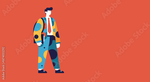 Confident businessman in a modern, colorful suit holding a folder, representing innovation, creativity, and professional individuality in a vibrant corporate setting.