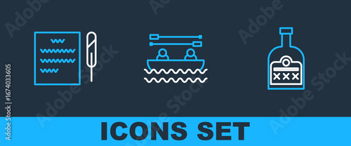 Set line Alcohol drink Rum bottle, Feather pen and scroll and Boat with oars icon. Vector