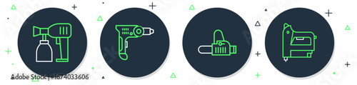 Set line Electric drill machine, Chainsaw, Paint spray gun and construction stapler icon. Vector