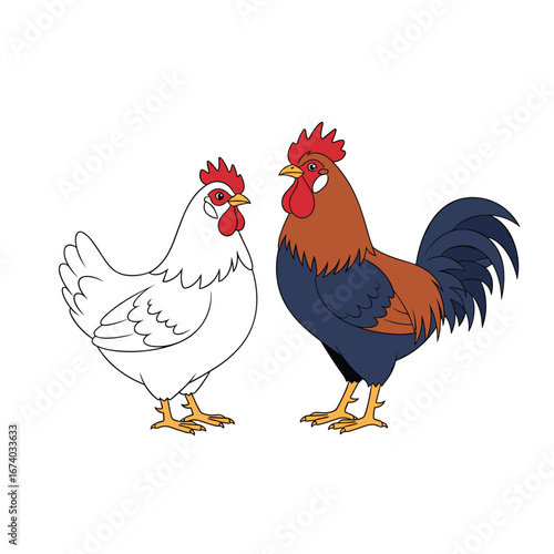 Farm animals roosters and hens together standing side by side illustration