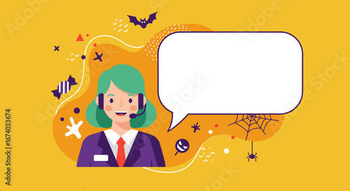 Friendly customer service agent with headset and speech bubble on a festive Halloween-themed background, ideal for holiday support or seasonal promotions.