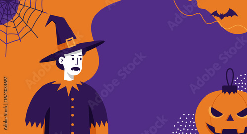 Spooky Halloween illustration with a witch, grinning jack-o'-lantern, bat, and spider web on a purple and orange background. Ideal for holiday promotions and seasonal designs.