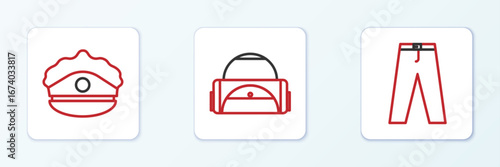 Set line Pants, Police cap with cockade and Sport bag icon. Vector