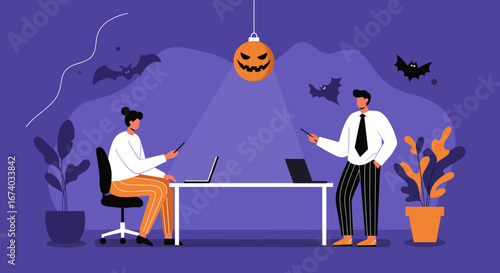 Business professionals working in a decorated office, celebrating Halloween with a pumpkin lantern and bats. Blending productivity with festive holiday spirit.