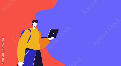 A stylized person uses a laptop while wearing a backpack, illustrating themes of remote work, online education, or modern digital nomad lifestyle.