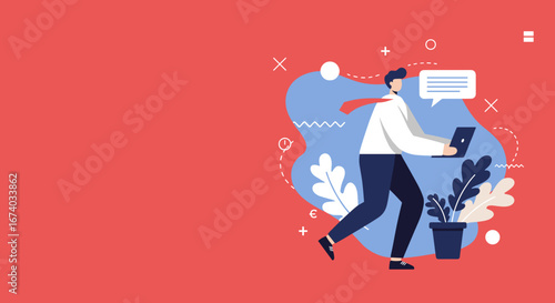 Dynamic illustration of a businessman walking with a laptop and speech bubble, symbolizing mobile work, communication, and fast-paced business operations.