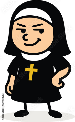 Mischievous cartoon nun with a cunning smile and a sly expression, religious character illustration isolated on a white background.
