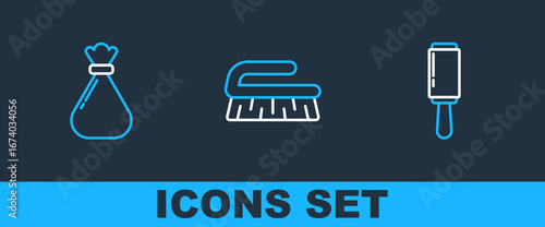Set line Adhesive roller, Garbage bag and Brush for cleaning icon. Vector