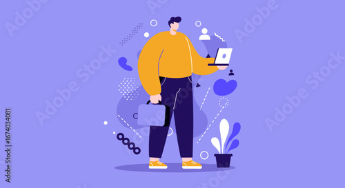 Modern illustration of a man working remotely, holding a laptop and briefcase. Represents digital business, online communication, and a professional lifestyle for technology and corporate themes.