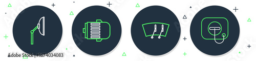 Set line Electric engine, Windscreen wiper, and Oil filler cap at gas station icon. Vector