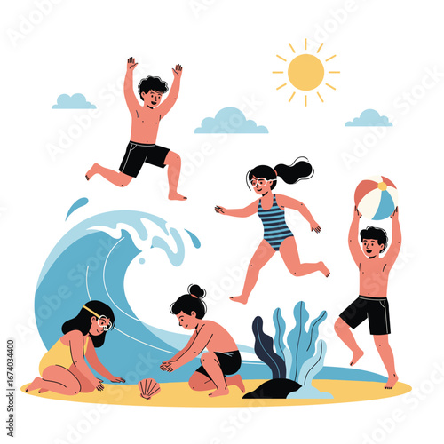 Joyful children enjoying a sunny day at the beach playing with waves and a ball