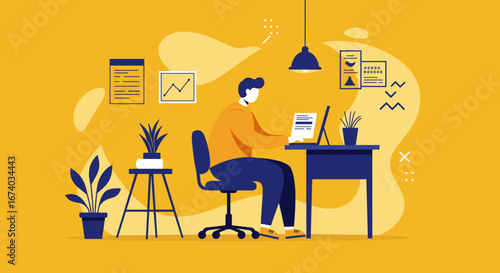 Focused person working on a laptop at a desk with documents in a minimalist home office setting. Ideal for remote work, business, education, and productivity concepts.