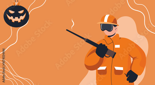 Hunter in orange gear with a smoking rifle, an outdoor leisure activity. Features a spooky Halloween ornament, ideal for seasonal themes and recreational concepts.